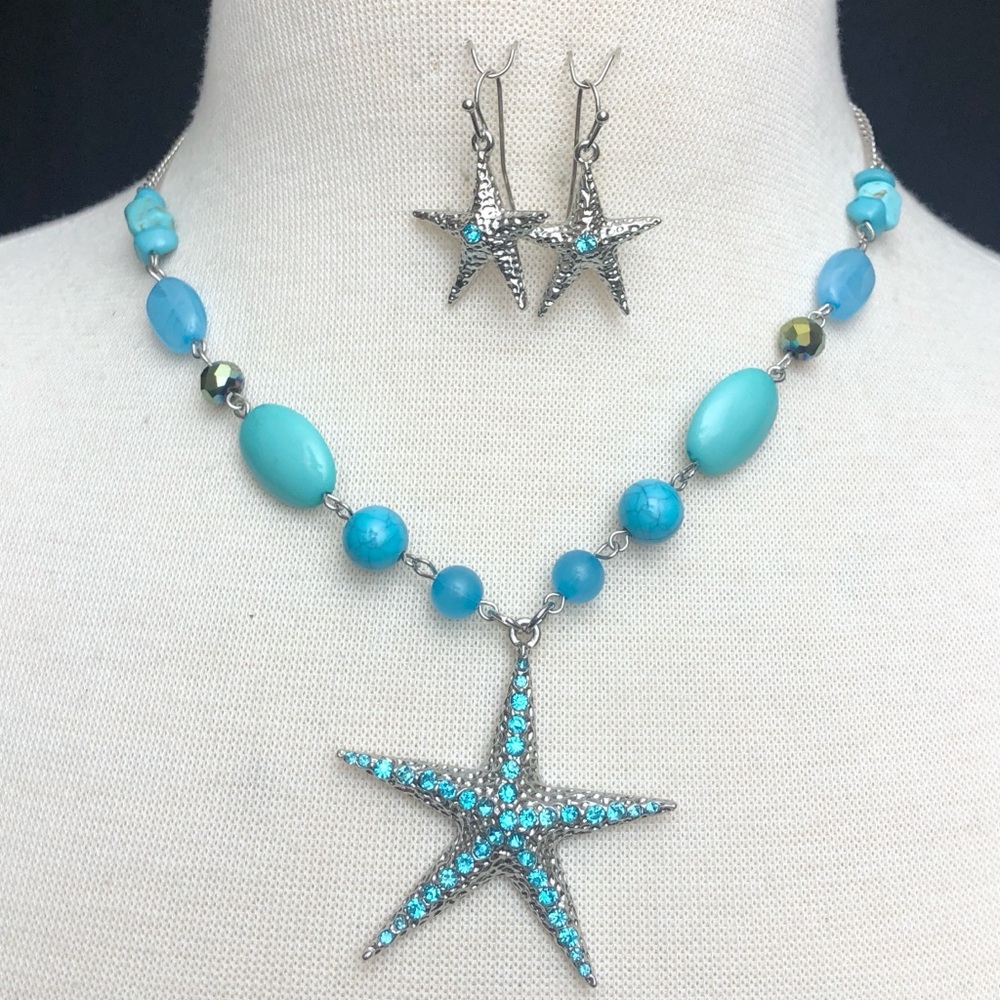 Aqua Blue Rhinestone Starfish Necklace Earring Set